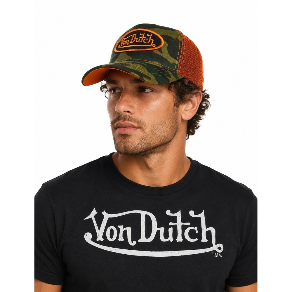 NWT Von Dutch Hat Green Camo orange Embroidered Trucker Mesh Snapback Cap - Picture 5 of 6